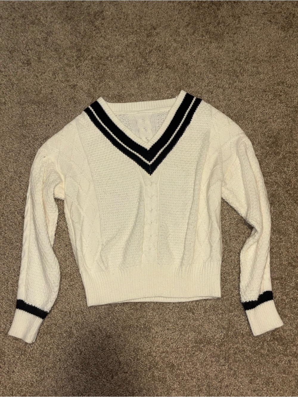 Classic V-Neck Cable Knit Sweater - White with Black Trim